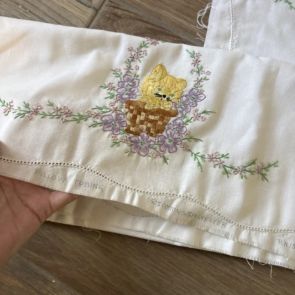 2 White Pillow Cases Embroidered Needle Cats In Baskets Pillowcases- Unfinished
